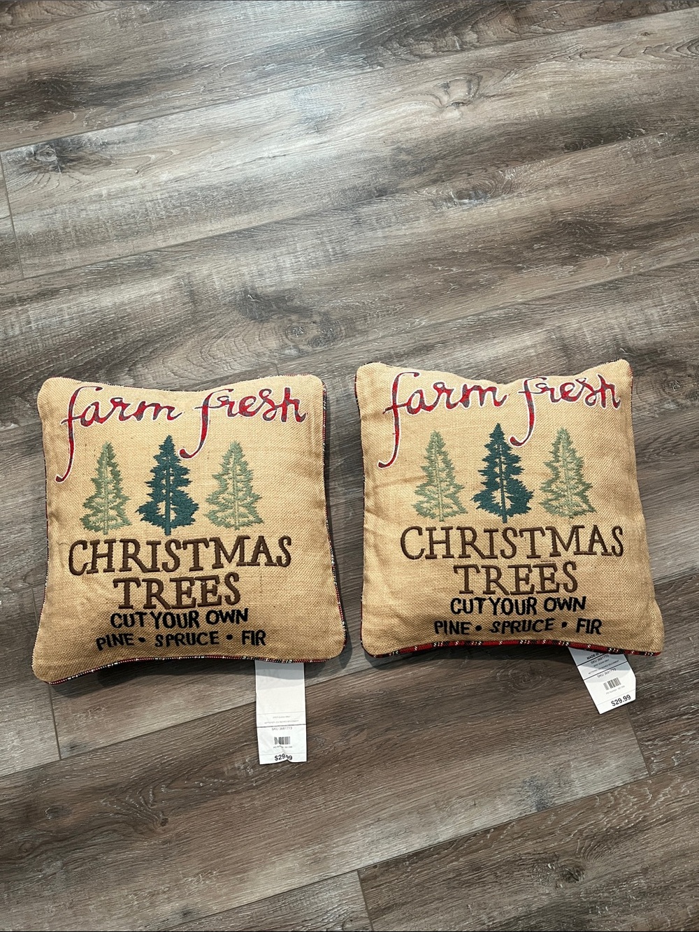 NEW Pair of 2 Pier 1 Burlap "Farm Fresh" Christmas Trees Pillow - Tan/Green/Red